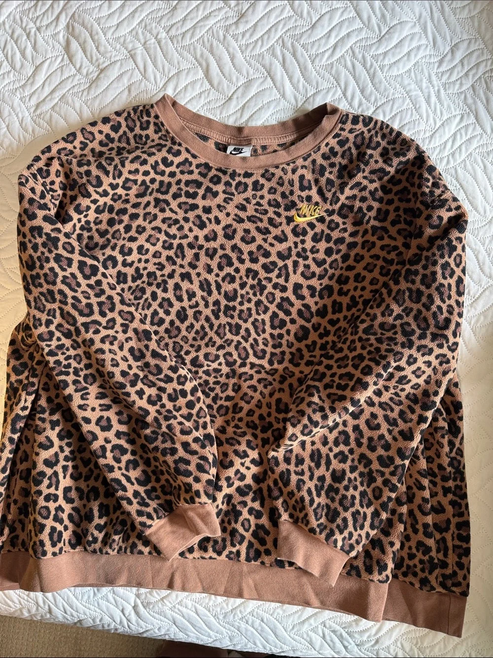 Nike Brown Leopard Print Crewneck Sweatshirt with Yellow Logo